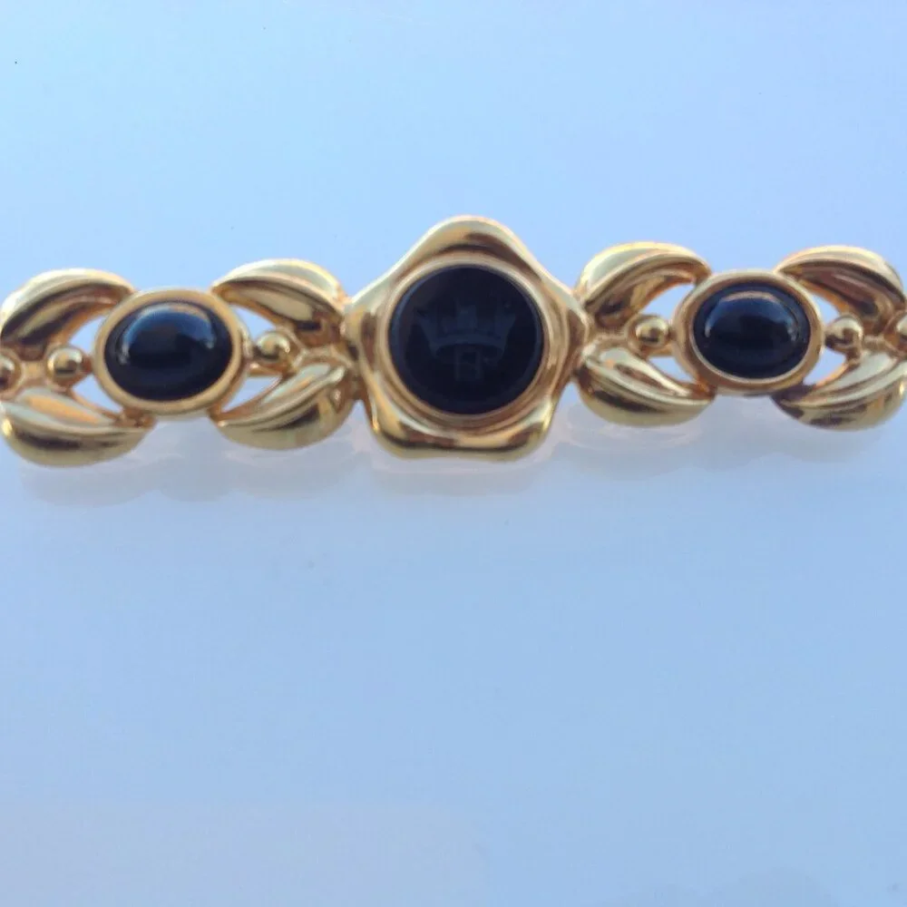 Fendi Brooch Victorian Revival Bar Rhodium Gold Intaglio Logo + Onyx Cabochons